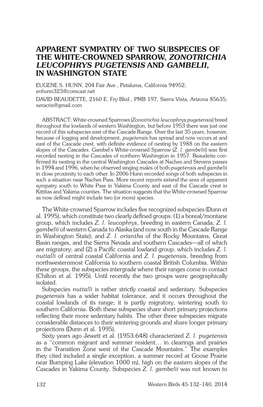 APPARENT SYMPATRY of TWO SUBSPECIES of the WHITE-CROWNED SPARROW, ZONOTRICHIA LEUCOPHRYS PUGETENSIS and GAMBELII, in WASHINGTON STATE Eugene S