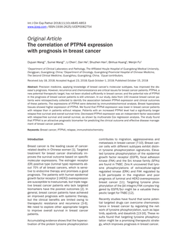 Original Article the Correlation of PTPN4 Expression with Prognosis in Breast Cancer