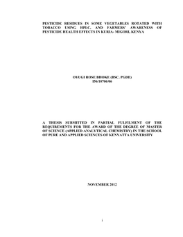 Pesticide Residues in Some Vegetables Rotated with Tobacco Using Hplc, and Farmers’ Awareness of Pesticide Health Effects in Kuria- Migori, Kenya
