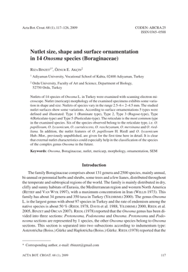 Nutlet Size, Shape and Surface Ornamentation in 14 Onosma Species (Boraginaceae)