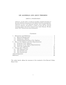 LIE ALGEBRAS and ADO's THEOREM Contents 1. Motivations