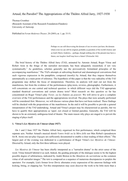 Artaud, the Parodist? the Appropriations of the Théâtre Alfred Jarry, 1927-1930