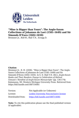 The Anglo-Saxon Collections of Johannes De Laet (1581–1649) and Sir Simonds D’Ewes (1602–1650) Bremmer Jr., Rolf H.; Hall T.N., Scragg D