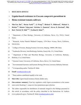 Lignin-Based Resistance to Cuscuta Campestris Parasitism in Heinz