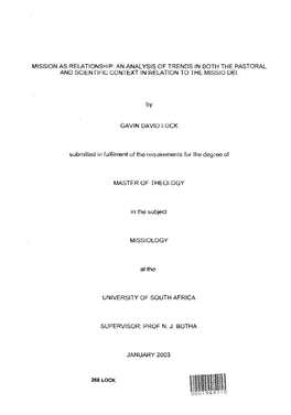 AN ANALYSIS of TRENDS in BOTH the PASTORAL ANO SCIENTIFIC CONTEXT in RELATION to the MISSIO Dei