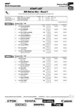 START LIST 800 Metres Men - Round 1 First 3 in Each Heat (Q) and the Next 6 Fastest (Q) Advance to the Semi-Final