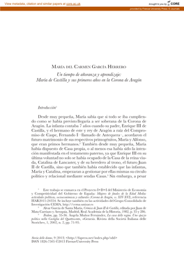 Un Tiempo De Añoranza Y Aprendizaje: María De Castilla Y Sus Primeros Años En La Corona De Aragón