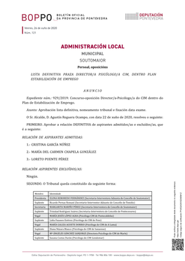 ADMINISTRACIÓN LOCAL MUNICIPAL SOUTOMAIOR Persoal, Oposicións