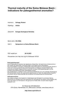 Thermal Maturity of the Swiss Molasse Basin : Indications for Paleogeothermal Anomalies?