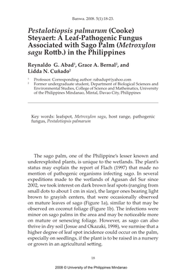 A Leaf-Pathogenic Fungus Associated with Sago Palm (Metroxylon Sagu Rottb.) in the Philippines