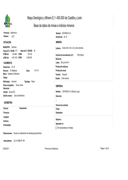 Mapa Geológico Y Minero E.1: 400.000 De Castilla Y León Base De Datos De Minas E Indicios Mineros