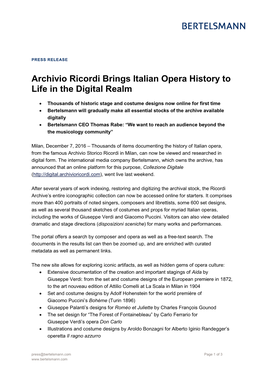 Archivio Ricordi Brings Italian Opera History to Life in the Digital Realm