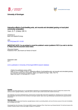 Interactive Effects of Soil-Dwelling Ants, Ant Mounds and Simulated Grazing on Local Plant Community Composition Veen, G
