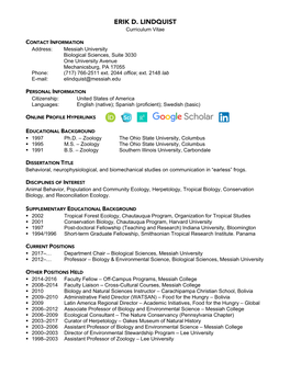 ERIK D. LINDQUIST Curriculum Vitae