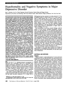 Hypofrontality and Negative Symptoms in Major Depressive Disorder