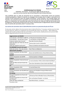 COMMUNIQUÉ DE PRESSE COVID19 - Vaccination : Les Personnes Âgées De Plus De 75 Ans Pourront Se Faire Vacciner Dès Le Lundi 18 Janvier Dans La Seine-Maritime