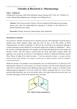 Chirality & Bioactivity I.: Pharmacology, Leffingwell Reports, Vol. 3