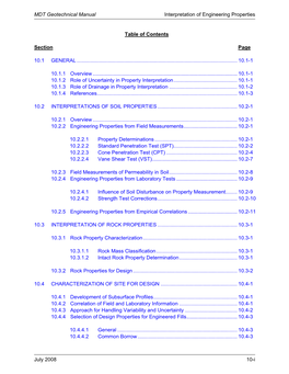 MDT Geotechnical Manual Interpretation of Engineering Properties July 2008 10-I Table of Contents Section Page 10.1 GENERAL