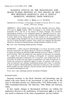 Seasonal Effects on the Hematology and Blood Plasma Proteins of Two Species of Mice Mus Musculus Domesticus and M