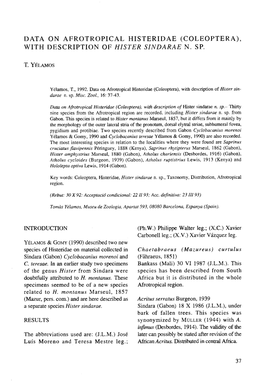 Data on Afrotropical Histeridae (Coleoptera), with Description of Hister Sindarae N