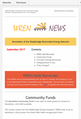 WREN AGM Reminder Community Funds Cornwall's Energy Revolution Charging Electric Cars 