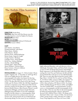 Nicolas Roeg: DON’T LOOK NOW (1973, 110M) the Version of This Goldenrod Handout Sent out in Our Monday Mailing, and the One Online, Has Hot Links