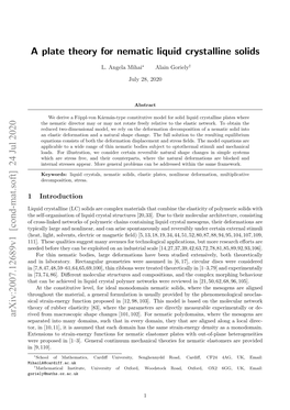 A Plate Theory for Nematic Liquid Crystalline Solids Arxiv:2007.12689V1