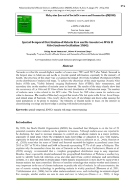 Spatial-Temporal Distribution of Malaria Risk and Its Association with El Niño Southern Oscillation (ENSO)