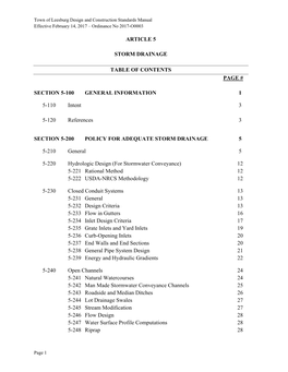 Article 5 Storm Drainage Table of Contents Page