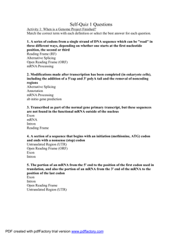 Self-Quiz 1 Questions Activity 1: When Is a Genome Project Finished? Match the Correct Term with Each Definition Or Select the Best Answer for Each Question