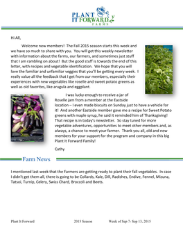 Farm Share Newsletter 2015 Sep15 Sep20