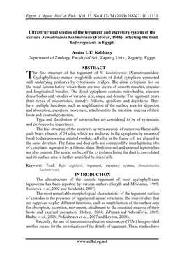 Ultrastructural Studies of the Tegument and Excretory System of the Cestode Nematotaenia Kashmirensis (Fotedar, 1966) Infecting the Toad Bufo Regularis in Egypt