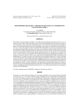 Phytophthora Megakarya: a Review on Its Status As a Pathogen on Cacao in West Africa