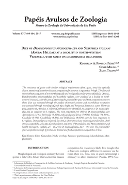 Diet of Dendropsophus Microcephalus and Scarthyla Vigilans (Anura: Hylidae) at a Locality in North-Western Venezuela with Notes on Microhabitat Occupation