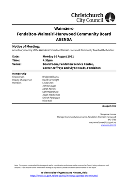 Agenda of Waimāero Fendalton-Waimairi-Harewood Community