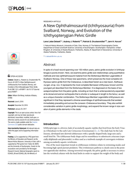 A New Ophthalmosaurid (Ichthyosauria) from Svalbard, Norway, and Evolution of the Ichthyopterygian Pelvic Girdle