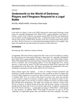 Underworld Vs the World of Darkness: Players and Filmgoers Respond to a Legal Battle