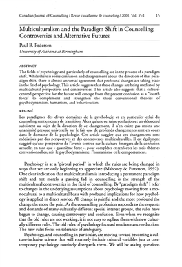 Multiculturalism and the Paradigm Shift in Counselling: Controversies and Alternative Futures