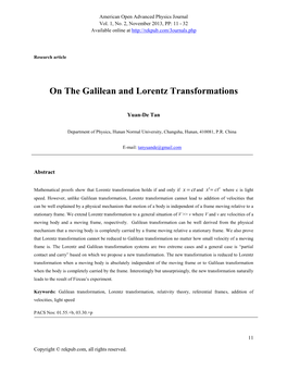 On the Galilean and Lorentz Transformations