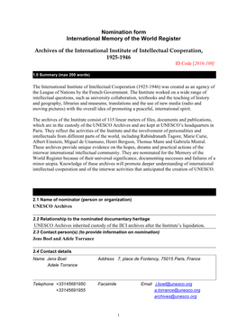 Nomination Form International Memory of the World Register