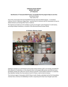 VENEZUELA RELIEF PROJECT REPORT: MAY 2019 (5Th Shipment)