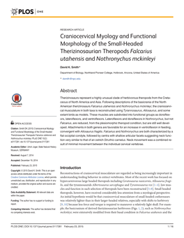 Craniocervical Myology and Functional Morphology of the Small-Headed Therizinosaurian Theropods Falcarius Utahensis and Nothronychus Mckinleyi