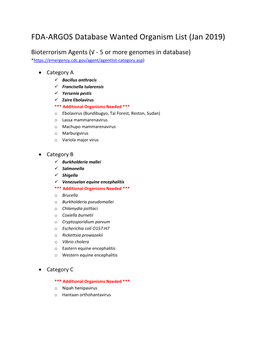 FDA-ARGOS Database Wanted Organism List (Jan 2019)