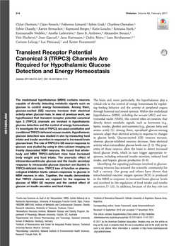 Transient Receptor Potential Canonical 3 (TRPC3) Channels Are Required for Hypothalamic Glucose Detection and Energy Homeostasis