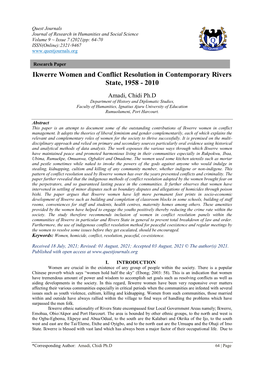 Ikwerre Women and Conflict Resolution in Contemporary Rivers State, 1958 - 2010