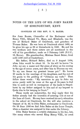 Notes on the Life of Sir John Baker of Sissinghurst, Kent