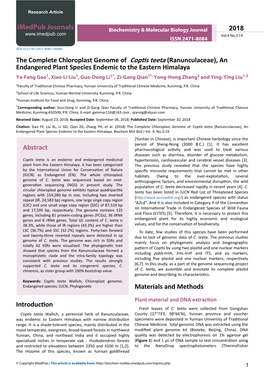 The Complete Chloroplast Genome of Coptis Teeta (Ranunculaceae), An