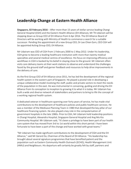 Leadership Change at Eastern Health Alliance