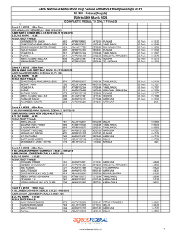 24Th National Federation Cup Senior Athletics Championships 2021 NS NIS - Patiala (Punjab) 15Th to 19Th March 2021 COMPLETE RESULTS ONLY FINALS