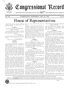 Congressional Record United States Th of America PROCEEDINGS and DEBATES of the 105 CONGRESS, SECOND SESSION